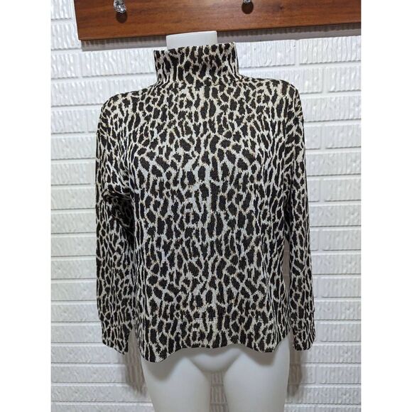 Loft Women's Brown Black Leopard Print Knit Stretch Sweater Top Size MP NWT - Picture 1 of 5
